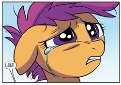 Size: 1859x1306 | Tagged: safe, artist:nanook123, derpibooru import, idw, scootaloo, spoiler:comic93, comic, cropped, crying, image, jpeg, sad, season 10