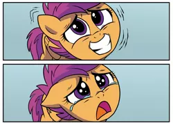 Size: 1877x1327 | Tagged: safe, artist:nanook123, derpibooru import, idw, scootaloo, spoiler:comic93, comic, cropped, crying, forced smile, image, jpeg, sad, season 10, smiling