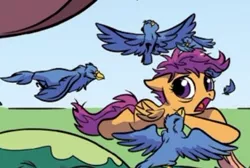 Size: 344x231 | Tagged: safe, artist:nanook123, derpibooru import, idw, scootaloo, bird, spoiler:comic93, comic, cropped, image, jpeg, scared, season 10