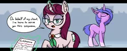 Size: 1500x606 | Tagged: safe, artist:shydale, derpibooru import, oc, oc:checkbox, oc:startrail, pony, unicorn, abstract background, coat markings, collar, ear fluff, freckles, glasses, image, magic, paper, png, single panel, socks (coat marking), speech bubble, telekinesis, text, vulgar