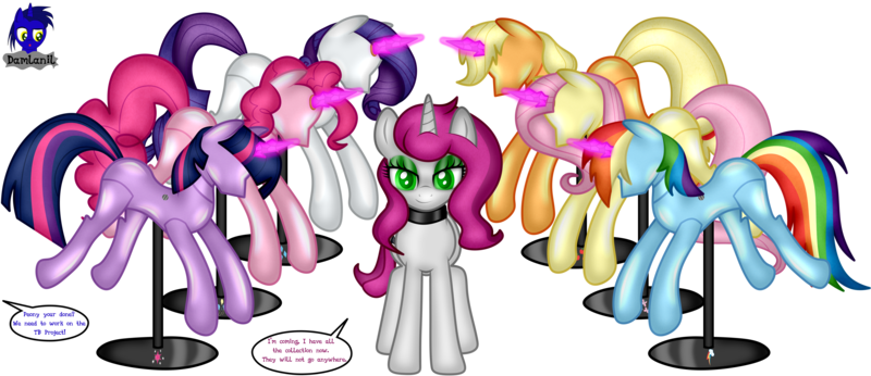 Size: 9600x4154 | Tagged: safe, artist:damlanil, derpibooru import, applejack, fluttershy, pinkie pie, rainbow dash, rarity, twilight sparkle, twilight sparkle (alicorn), oc, oc:peony, alicorn, earth pony, pegasus, pony, unicorn, bondage, clothes, collar, crystal horn, encasement, fake horn, female, horn, i have no mouth and i must scream, image, inanimate tf, latex, link in description, magic, magic aura, mannequin, mannequin tf, mare, no mouth, objectification, pedestal, petrification, png, ponyquin, rubber, shiny, show accurate, simple background, story, story included, transformation, transparent background, vector