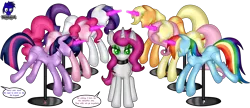 Size: 9600x4154 | Tagged: safe, artist:damlanil, derpibooru import, applejack, fluttershy, pinkie pie, rainbow dash, rarity, twilight sparkle, twilight sparkle (alicorn), oc, oc:peony, alicorn, earth pony, pegasus, pony, unicorn, bondage, clothes, collar, crystal horn, encasement, fake horn, female, horn, i have no mouth and i must scream, image, inanimate tf, latex, link in description, magic, magic aura, mannequin, mannequin tf, mare, no mouth, objectification, pedestal, petrification, png, ponyquin, rubber, shiny, show accurate, simple background, story, story included, transformation, transparent background, vector