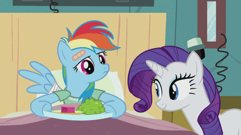Size: 768x432 | Tagged: safe, derpibooru import, screencap, rainbow dash, rarity, pegasus, pony, unicorn, read it and weep, season 2, bandaid, bed, duo, duo female, female, frown, horn, image, looking at something, mare, on bed, png, smiling, wings
