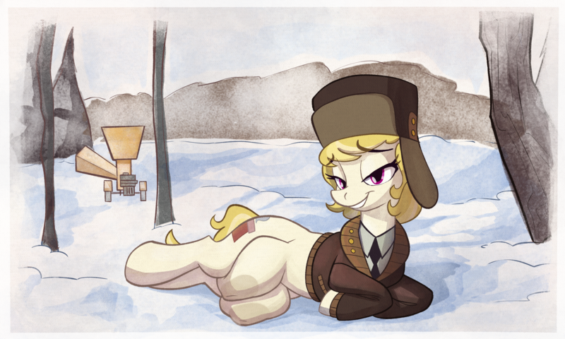 Size: 3000x1801 | Tagged: questionable, artist:anontheanon, march gustysnows, earth pony, pony, art pack:teats for tat, big crotchboobs, clothes, crotchboobs, female, hat, huge crotchboobs, image, lidded eyes, lying down, mare, nipples, nudity, png, smiling, snow, solo, solo female, tree