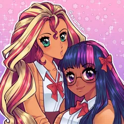 Size: 1080x1080 | Tagged: safe, artist:tiramichi, derpibooru import, sunset shimmer, twilight sparkle, human, bow, cardigan, close-up, clothes, curly hair, cute, dark skin, duo, duo female, female, g4, glasses, gradient background, humanized, image, instagram, jpeg, looking at you, purple eyes, smiling, sparkles, straight hair, turquoise eyes, uniform