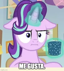 Size: 500x556 | Tagged: safe, derpibooru import, edit, edited screencap, screencap, starlight glimmer, pony, unicorn, marks for effort, :i, caption, chocolate, cropped, drink, empathy cocoa, female, floppy ears, food, hot chocolate, i mean i see, image, image macro, imgflip, jpeg, levitation, magic, mare, me gusta, meme, solo, telekinesis, text