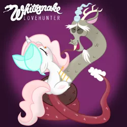 Size: 2000x2000 | Tagged: suggestive, artist:earth_pony_colds, artist:grapefruit-face, derpibooru import, discord, oc, oc:sweetheart, ponified, pony, snake, album cover, base used, duo, forked tongue, image, png, ponified album cover, vector used, whitesnake