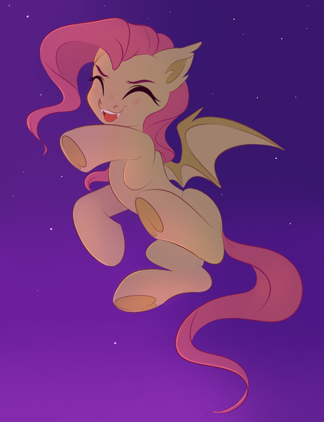 Size: 2754x3586 | Tagged: safe, artist:vetta, derpibooru import, fluttershy, bat pony, pegasus, pony, ^^, bat wings, blushing, ear fluff, ear tufts, eyes closed, fangs, female, flying, full body, high res, hooves, image, mare, night, open mouth, open smile, png, smiling, solo, spread wings, underhoof, wings