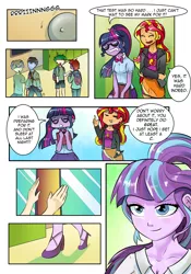 Size: 1800x2572 | Tagged: safe, artist:candyclumsy, artist:enadoodles, artist:mlp-cam, derpibooru import, sci-twi, starlight glimmer, sunset shimmer, twilight sparkle, comic:equestria girls curse and madness, equestria girls, background human, breasts, cleavage, comic, female, image, male, png, speech bubble