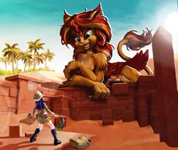 Size: 2400x2029 | Tagged: safe, artist:harwick, derpibooru import, sunset shimmer, twilight sparkle, sphinx, equestria girls, building, clothes, desert, duo, egyptian, female, fur, giantess, human coloration, image, jpeg, macro, oasis, palm tree, sand, species swap, sphinxified, teeth, treasure map, tree