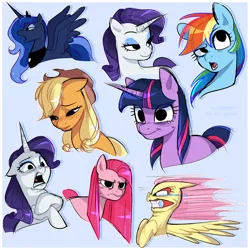 Size: 2500x2500 | Tagged: safe, artist:syrupyyy, derpibooru import, applejack, fluttershy, pinkie pie, princess luna, rainbow dash, rarity, twilight sparkle, alicorn, earth pony, pegasus, pony, unicorn, applejack's hat, cowboy hat, faic, female, freckles, hat, image, mane six, mare, pinkamena diane pie, png, sad, unicorn twilight