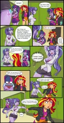 Size: 2000x3830 | Tagged: suggestive, artist:avirextin, artist:mlp-cam, derpibooru import, sci-twi, starlight glimmer, sunset shimmer, twilight sparkle, comic:equestria girls curse and madness, equestria girls, big breasts, blouse, bra, breasts, busty starlight glimmer, cleavage, clothes, comic, female, image, png, short skirt, skirt, speech bubble, tight clothing, unbuttoned, underwear