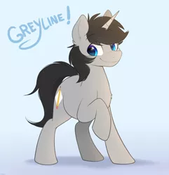 Size: 1000x1038 | Tagged: safe, artist:higgly-chan, derpibooru import, oc, oc:greyline, unofficial characters only, pony, unicorn, black mane, black tail, blue eyes, chest fluff, gray coat, happy, horn, image, male, png, raised hoof, smiling, solo, stallion, tail, unicorn oc