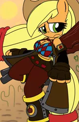 Size: 1280x1963 | Tagged: safe, artist:tenebrousmelancholy, derpibooru import, applejack, anthro, earth pony, unguligrade anthro, breasts, cactus, clothes, cowgirl, desert, digital art, female, freckles, gun, image, jpeg, leggings, shotgun, solo, sun, thicc thighs, thighs, tight clothing, tights, weapon