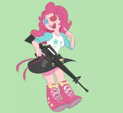 Size: 1039x950 | Tagged: safe, artist:avirextin, derpibooru import, pinkie pie, equestria girls, 3d glasses, assault rifle, glasses, green background, gun, image, looking at you, m16, one eye closed, open mouth, open smile, png, rifle, simple background, smiling, smiling at you, solo, weapon