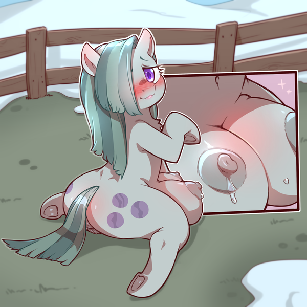 Size: 2500x2500 | Tagged: explicit, artist:cold-blooded-twilight, derpibooru import, marble pie, earth pony, pony, art pack:teats for tat, anatomically correct, anus, big crotchboobs, blushing, blushing profusely, breasts, busty marble pie, chest fluff, crotchboobs, cutaway, embarrassed, female, fence, huge crotchboobs, image, impossibly large crotchboobs, lactation, leaking milk, looking at you, looking back, looking back at you, mare, milk, nipples, nudity, png, ponut, sitting, smiling, solo, solo female, subtly explicit, underhoof, vulva