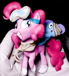 Size: 760x835 | Tagged: safe, artist:jakeneutron, derpibooru import, pinkie pie, earth pony, pony, 3d, 3d model, bandage, clothes, craft, goggles, hair bun, image, irl, photo, pibby, png, riding a pony, scarf, sculpture, smiling, socks