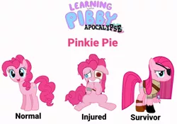 Size: 1070x747 | Tagged: safe, artist:pagiepoppie12345, derpibooru import, pinkie pie, earth pony, pony, bag, bandage, blood, boots, clothes, error, eyepatch, glitch, image, jpeg, messy mane, pibby, saddle bag, scar, scared, shoes, smiling, straight mane, sword, unamused, weapon