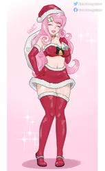 Size: 2200x3600 | Tagged: suggestive, artist:violetmanguinha, derpibooru import, fluttershy, human, bandeau, bell, choker, christmas, clothes, costume, cutie mark accessory, cutie mark hair accessory, evening gloves, eyes closed, female, gloves, hair accessory, hand on hip, hat, holiday, holly, humanized, image, jpeg, long gloves, miniskirt, santa costume, santa hat, santa sack, skirt, smiling, socks, solo, solo female, standing, thigh highs