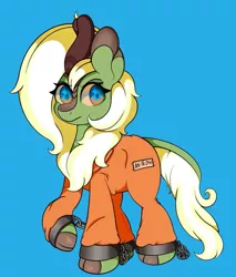 Size: 817x958 | Tagged: safe, artist:orbitingdamoon, derpibooru import, oc, unofficial characters only, kirin, clothes, commission, cuffed, image, jpeg, kirin oc, prison outfit, prisoner, solo