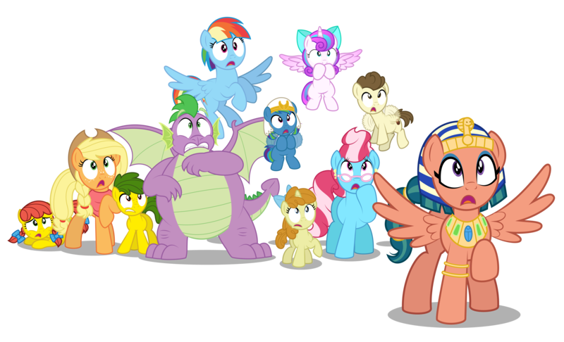 Size: 5804x3524 | Tagged: safe, artist:aleximusprime, derpibooru import, applejack, cup cake, pound cake, princess flurry heart, pumpkin cake, rainbow dash, somnambula, sphinx (character), spike, oc, oc:annie smith, oc:apple chip, oc:storm streak, pony, sphinx, flurry heart's story, alternate hairstyle, anatankha, bandana, clothes, covering mouth, egyptian, egyptian headdress, egyptian pony, female, filly, filly flurry heart, glasses, horrified, image, let my ponies go, new hairstyle, offspring, older, older applejack, older flurry heart, older pound cake, older pumpkin cake, older rainbow dash, older spike, parent:applejack, parent:oc:thunderhead, parent:rainbow dash, parent:tex, parents:canon x oc, parents:texjack, png, reaction, scared, scarf, shocked, shocked expression, shocked eyes, simple background, spread wings, transparent background, wings