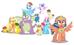 Size: 5804x3524 | Tagged: safe, artist:aleximusprime, derpibooru import, applejack, cup cake, pound cake, princess flurry heart, pumpkin cake, rainbow dash, somnambula, sphinx (character), spike, oc, oc:annie smith, oc:apple chip, oc:storm streak, pony, sphinx, flurry heart's story, alternate hairstyle, anatankha, bandana, clothes, covering mouth, egyptian, egyptian headdress, egyptian pony, female, filly, filly flurry heart, glasses, horrified, image, let my ponies go, new hairstyle, offspring, older, older applejack, older flurry heart, older pound cake, older pumpkin cake, older rainbow dash, older spike, parent:applejack, parent:oc:thunderhead, parent:rainbow dash, parent:tex, parents:canon x oc, parents:texjack, png, reaction, scared, scarf, shocked, shocked expression, shocked eyes, simple background, spread wings, transparent background, wings