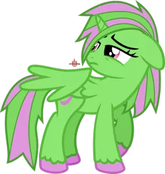 Size: 1024x1082 | Tagged: safe, artist:meteor-spark, derpibooru import, oc, oc:moonstar, alicorn, alicorn oc, green, green mane, horn, image, looking back, pink mane, png, sad, striped mane, striped tail, tail, two toned mane, two toned tail, unshorn fetlocks, watermark, wings