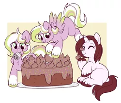 Size: 986x837 | Tagged: safe, artist:lulubell, derpibooru import, oc, oc:lisa, oc:sorbet, oc:yogurt, unofficial characters only, pegasus, pony, unicorn, cake, decorating, female, filly, foal, food, frosting, image, png, sprinkles
