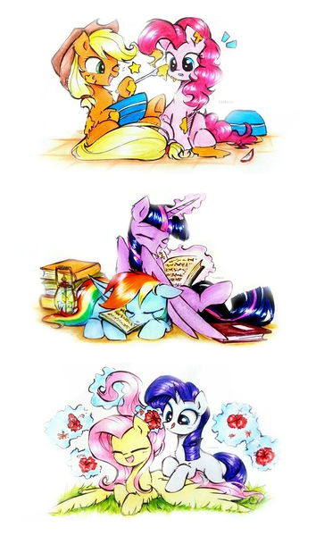 Size: 3841x6507 | Tagged: safe, artist:liaaqila, derpibooru import, applejack, fluttershy, pinkie pie, rainbow dash, rarity, twilight sparkle, twilight sparkle (alicorn), alicorn, earth pony, pony, unicorn, applepie, baking, batter, book, bowl, emanata, female, flarity, flower, food, grass, image, jpeg, lantern, lesbian, mane six, mare, shipping, simple background, sleeping, tongue out, traditional art, twidash, white background