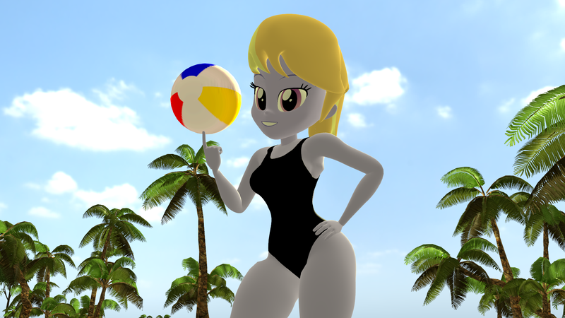 Size: 1920x1080 | Tagged: safe, artist:mr.uberrebu25, derpibooru import, cloudy kicks, equestria girls, 3d, beach, beach babe, beach ball, black swimsuit, breasts, busty cloudy kicks, clothes, hand on hip, image, looking at you, one-piece swimsuit, palm tree, png, solo, swimsuit, tree