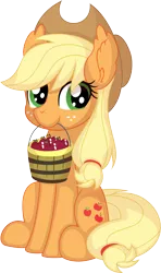 Size: 4918x8326 | Tagged: safe, artist:cyanlightning, derpibooru import, applejack, earth pony, pony, .svg available, absurd resolution, apple, bucket, ear fluff, female, food, hat, image, mare, mouth hold, png, simple background, sitting, smiling, solo, transparent background, vector