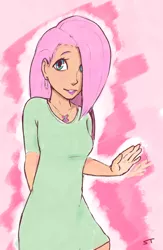 Size: 660x1015 | Tagged: safe, artist:storyteller, derpibooru import, fluttershy, human, ear piercing, earring, humanized, image, jewelry, looking at you, necklace, piercing, png, smiling, wave