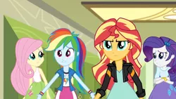 Size: 3410x1920 | Tagged: safe, derpibooru import, screencap, fluttershy, rainbow dash, rarity, sunset shimmer, equestria girls, friendship games, bracelet, clothes, crossed arms, cutie mark, cutie mark on clothes, female, hairpin, hallway, high res, image, jacket, jewelry, jpeg, leather, leather jacket, lockers