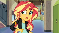 Size: 3410x1920 | Tagged: safe, derpibooru import, screencap, sunset shimmer, equestria girls, friendship games, clothes, female, hallway, high res, image, jacket, jpeg, leather, leather jacket, lockers, open mouth, solo