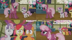 Size: 1280x720 | Tagged: safe, derpibooru import, edit, edited screencap, editor:quoterific, screencap, apple bloom, cheerilee, scootaloo, sweetie belle, earth pony, pegasus, pony, unicorn, hearts and hooves day (episode), season 2, adorabloom, apple bloom's bow, bow, chalkboard, cute, cutie mark crusaders, diasweetes, female, filly, floppy ears, foal, hair bow, image, mare, open mouth, open smile, png, ponyville schoolhouse, shrunken pupils, smiling, text