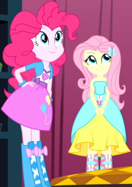 Size: 1920x2730 | Tagged: safe, derpibooru import, screencap, fluttershy, pinkie pie, eqg summertime shorts, equestria girls, make up shake up, bare shoulders, clothes, cropped, cutie mark, cutie mark on clothes, duo, duo female, fall formal outfits, female, hairpin, hand on hip, image, jpeg, sleeveless, smiling, strapless