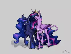 Size: 1800x1350 | Tagged: safe, derpibooru import, princess luna, princess twilight 2.0, twilight sparkle, twilight sparkle (alicorn), alicorn, pony, the last problem, cloven hooves, crown, ethereal mane, female, height difference, image, jewelry, jpeg, leonine tail, lesbian, older, older twilight, regalia, shipping, size difference, starry mane, tail, twiluna, unshorn fetlocks