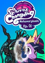 Size: 2481x3508 | Tagged: safe, artist:memprices, derpibooru import, queen chrysalis, twilight sparkle, twilight sparkle (alicorn), oc, oc:princess heart love, alicorn, changeling, changeling queen, pony, comic:metamorphosis, behind, comic, cover, crown, eye clipping through hair, eyebrows, eyebrows visible through hair, female, frown, high res, image, jewelry, logo, looking at you, my little x, older, older twilight, png, regalia, simple background, wings