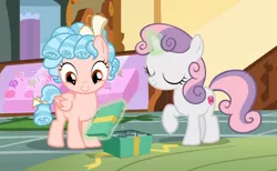 Size: 1164x716 | Tagged: safe, derpibooru import, screencap, cozy glow, sweetie belle, pony, marks for effort, box, cozybetes, cute, diasweetes, duo, female, filly, foal, image, jpeg