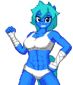 Size: 240x280 | Tagged: suggestive, artist:zeka10000, derpibooru import, oc, oc:nina dasher, unofficial characters only, anthro, pegasus, pony, abs, bandage, clothes, female, grin, image, looking at you, muscles, muscular female, panties, pixel art, png, short shirt, simple background, smiling, smiling at you, solo, solo female, transparent background, underwear, wingless