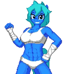 Size: 240x280 | Tagged: suggestive, artist:zeka10000, derpibooru import, oc, oc:nina dasher, unofficial characters only, anthro, pegasus, pony, abs, bandage, clothes, female, grin, image, looking at you, muscles, muscular female, panties, pixel art, png, short shirt, simple background, smiling, smiling at you, solo, solo female, transparent background, underwear, wingless