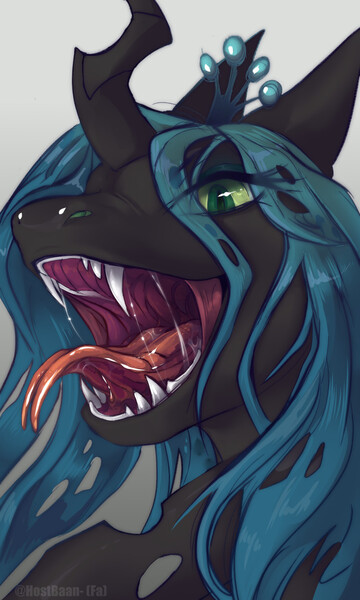 Size: 768x1280 | Tagged: suggestive, artist:hostbaan, derpibooru import, queen chrysalis, changeling, drool, fangs, forked tongue, image, jpeg, maw, mawshot, open mouth, slit pupils, tongue out