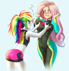 Size: 878x900 | Tagged: artist needed, suggestive, derpibooru import, fluttershy, rainbow dash, equestria girls, big breasts, blushing, breast envy, breast grab, breasts, busty fluttershy, clothes, crying, duo, duo female, female, grope, image, personal space invasion, png, surprised, swimsuit, tears of pain, teary eyes, wetsuit