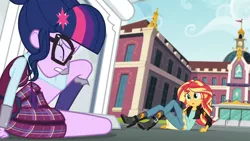 Size: 3410x1920 | Tagged: safe, derpibooru import, screencap, sci-twi, sunset shimmer, twilight sparkle, equestria girls, friendship games, boots, canterlot high, clothes, duo, duo female, eyes closed, female, glasses, high heel boots, high res, image, jacket, jpeg, leather, leather jacket, magic capture device, open mouth, shoes, statue