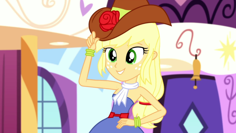 Size: 3410x1920 | Tagged: safe, derpibooru import, screencap, applejack, eqg summertime shorts, equestria girls, make up shake up, bare shoulders, cowboy hat, fall formal outfits, female, hand on hip, hat, high res, image, jpeg, sleeveless, smiling, solo, strapless