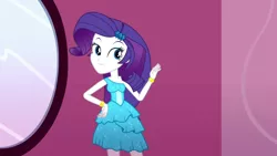 Size: 3410x1920 | Tagged: safe, derpibooru import, screencap, rarity, eqg summertime shorts, equestria girls, make up shake up, bare shoulders, bracelet, fall formal outfits, female, hairpin, high res, image, jewelry, jpeg, mirror, sleeveless, smiling, solo, strapless