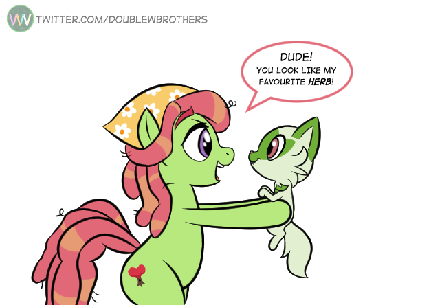 Size: 627x444 | Tagged: safe, artist:doublewbrothers, derpibooru import, tree hugger, cat, earth pony, pony, carrying, image, jpeg, open mouth, pokémon, speech bubble, sprigatito