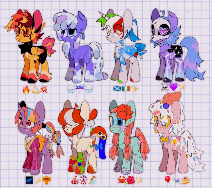 Size: 1440x1275 | Tagged: safe, artist:poneko-chan, derpibooru import, oc, unofficial characters only, crab, earth pony, pegasus, pony, unicorn, balloon, cake, candy, circus, clothes, cloud, emoji, fire, flag, flower, flower in hair, food, hair over eyes, heart, horn, image, ireland, jpeg, kimono (clothing), mask, rain, roller coaster, scotland, skull, sparkles, sparks, strawberry, umbrella, wings