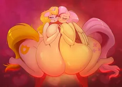 Size: 1280x912 | Tagged: suggestive, artist:k9wolf, derpibooru import, fluttershy, oc, oc:white heart, anthro, pegasus, unguligrade anthro, unicorn, bedroom eyes, big breasts, breast frottage, breasts, busty fluttershy, butt, canon x oc, digital art, duo, duo female, female, horn, huge breasts, hyper, hyper breasts, image, impossibly large breasts, jpeg, lesbian, open mouth, rule 63, tail, wings