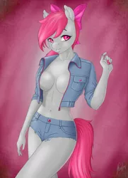 Size: 2600x3600 | Tagged: suggestive, artist:altum-san, derpibooru import, oc, unofficial characters only, anthro, earth pony, belly button, braless, breasts, clothes, digital art, female, image, jacket, jpeg, looking at you, not apple bloom, pose, shorts, simple background, solo, solo female, tail, thighs, wide hips